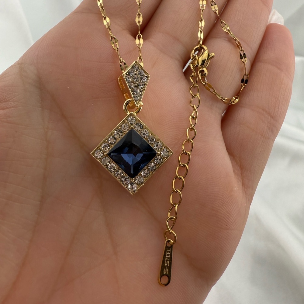 Set! gold color plated Luxury Blue Crystal SetGold Necklace Earrings Evening - Picture 6 of 8